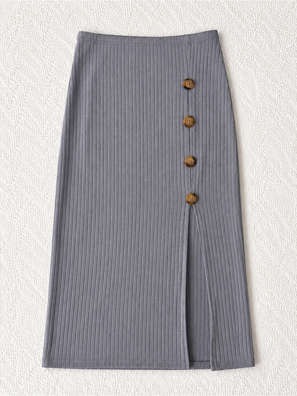 Womens Gray Ribbed Midi Skirt with Button Detail